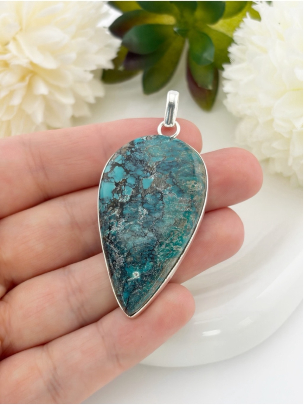 Large Sterling Silver 925 Southwest Turquoise Pendant Contemporary Handmade New - Picture 9 of 13